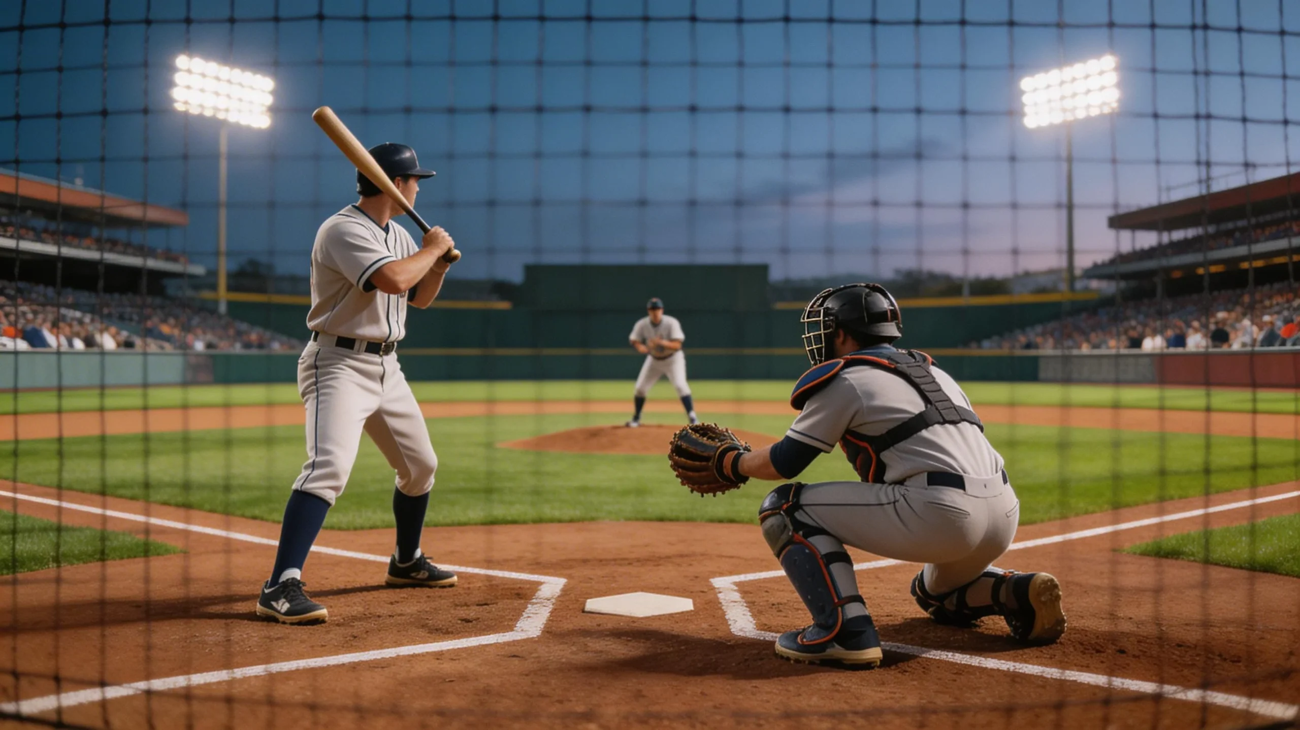 Baseball game in progress at a professional stadium viewed from behind the backstop netting