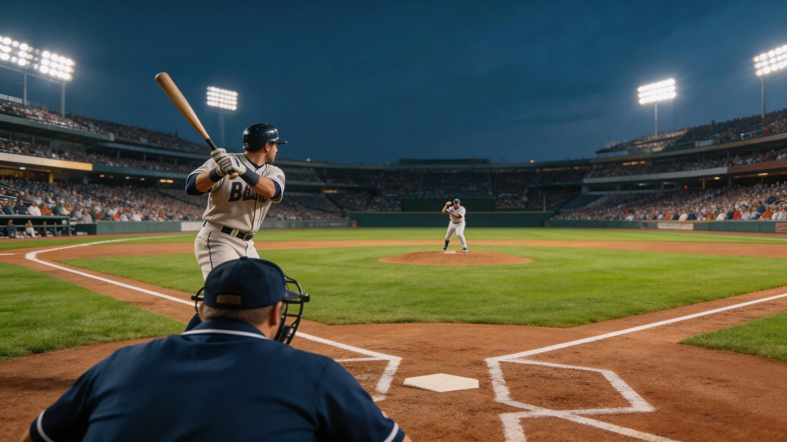 View of a baseball game from behind the home plate umpire showing the batter and pitcher facing off