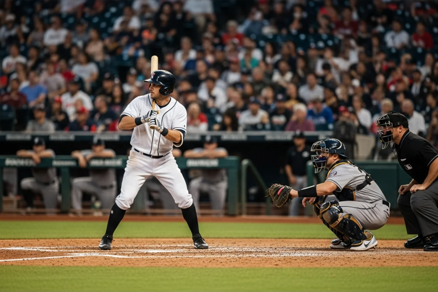 Baseball batter at the plate preparing to swing during a professional MLB game