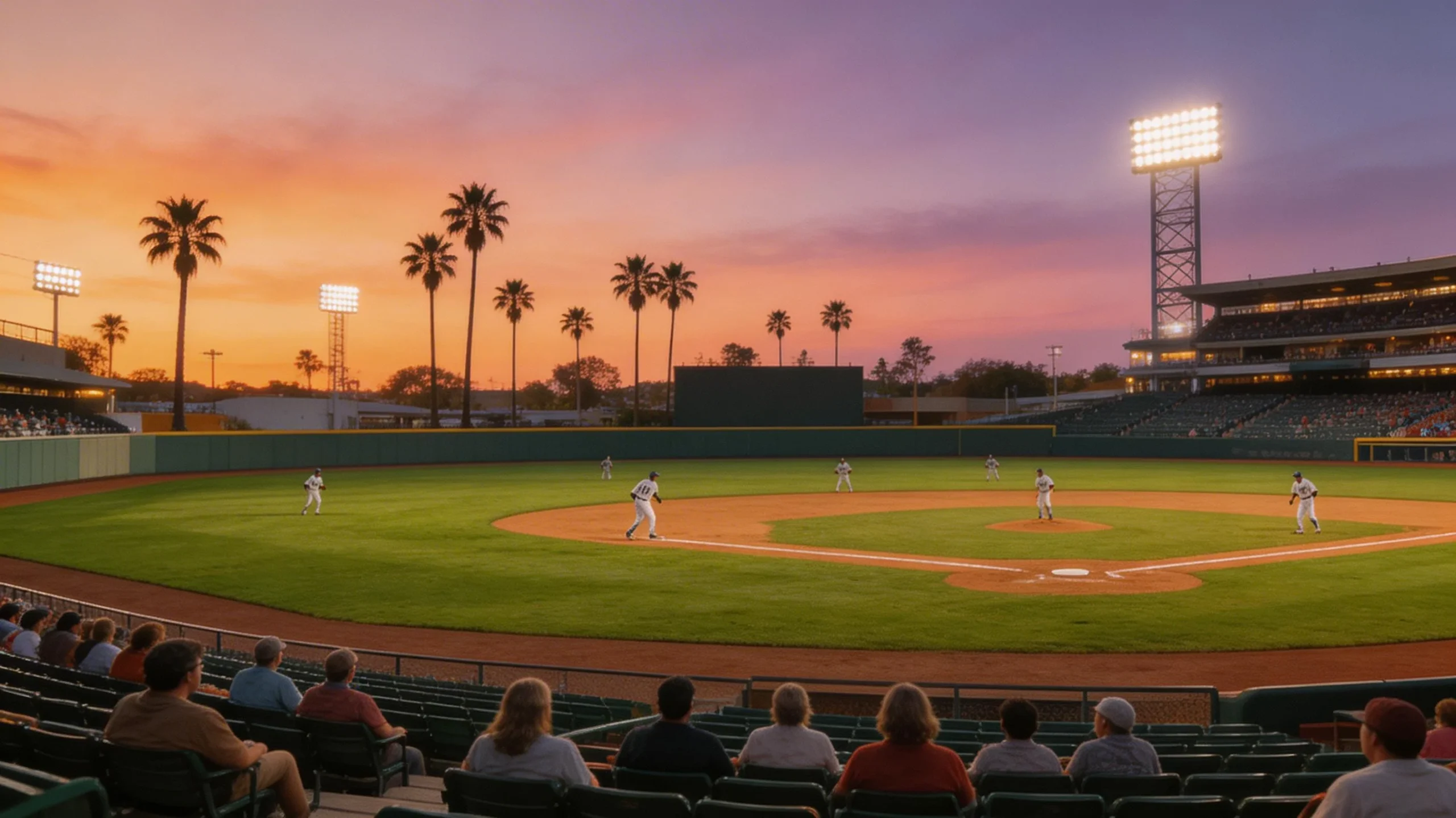 Evening baseball game at a stadium with palm trees visible beyond the outfield representing Los Angeles