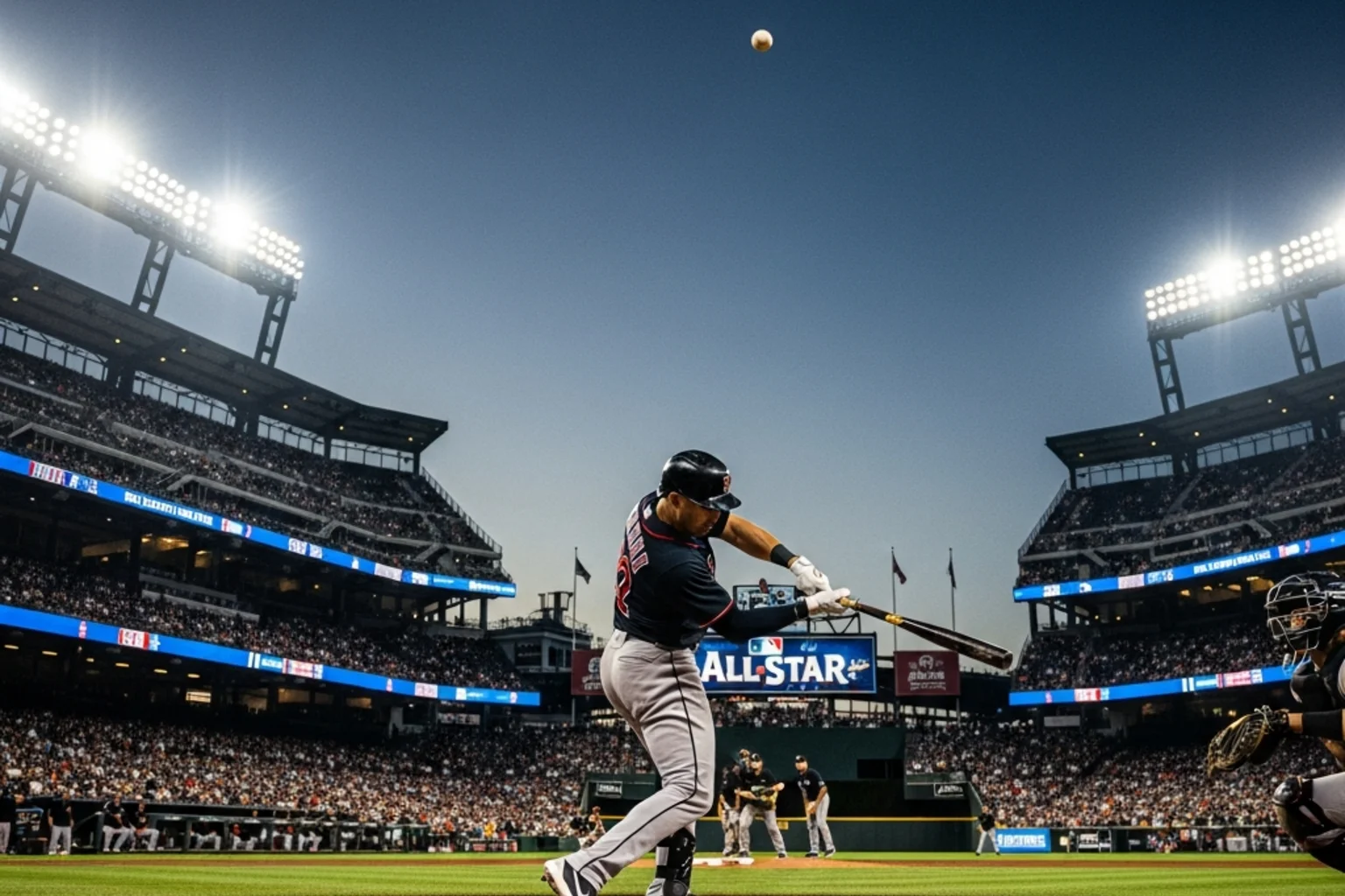 Baseball batter hitting a towering fly ball during a professional home run contest
