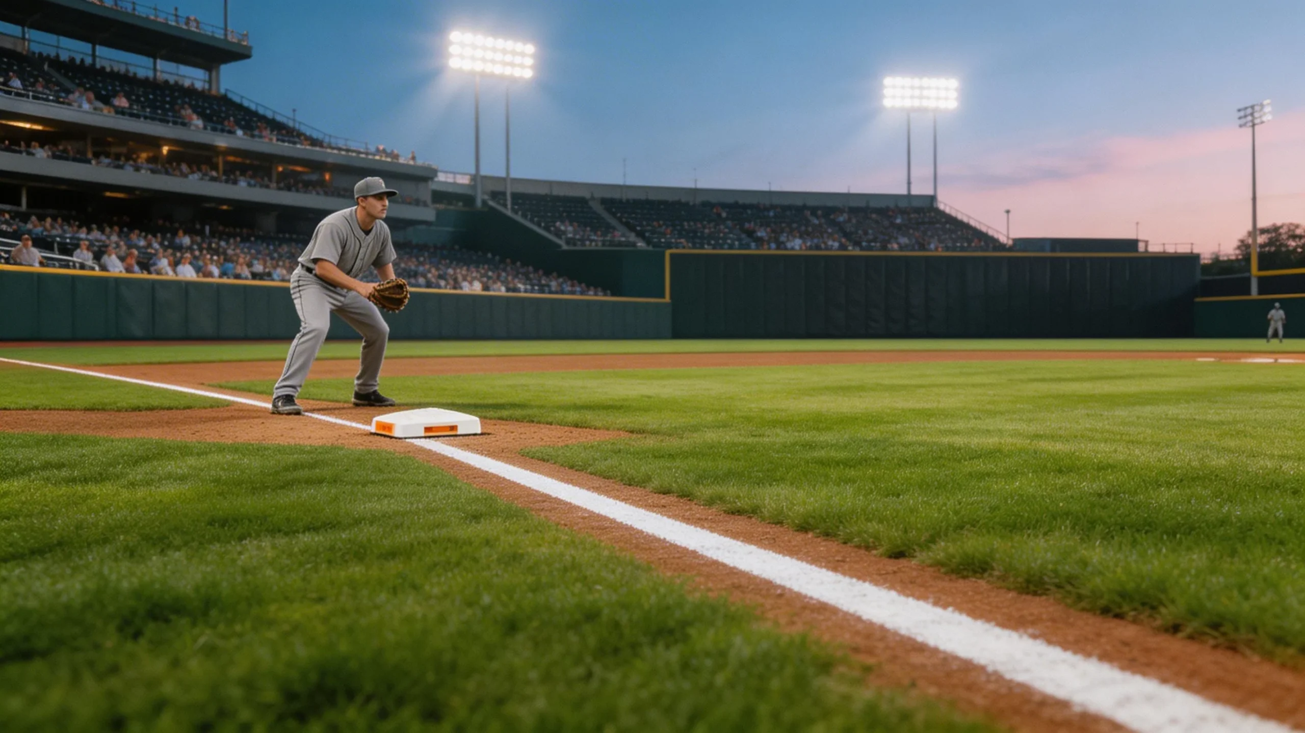 Long view down the first-base line of a professional baseball stadium during a regular season game