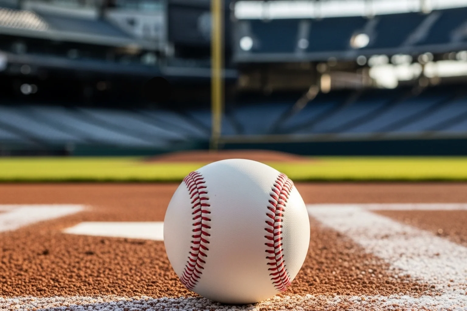 Close-up of a baseball resting on the infield dirt near home plate at a professional stadium