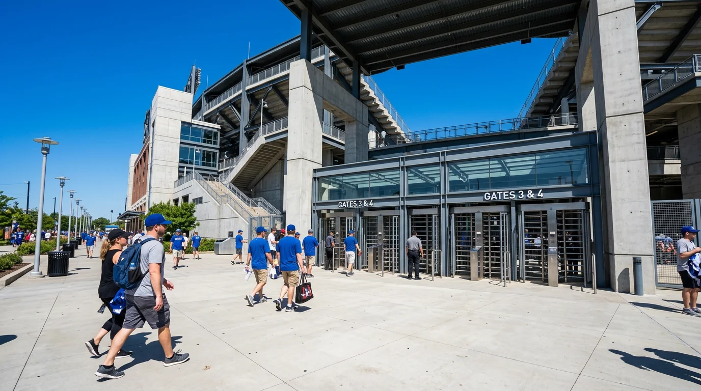 Professional baseball stadium entrance with clear skies symbolising regulated and accessible MLB betting