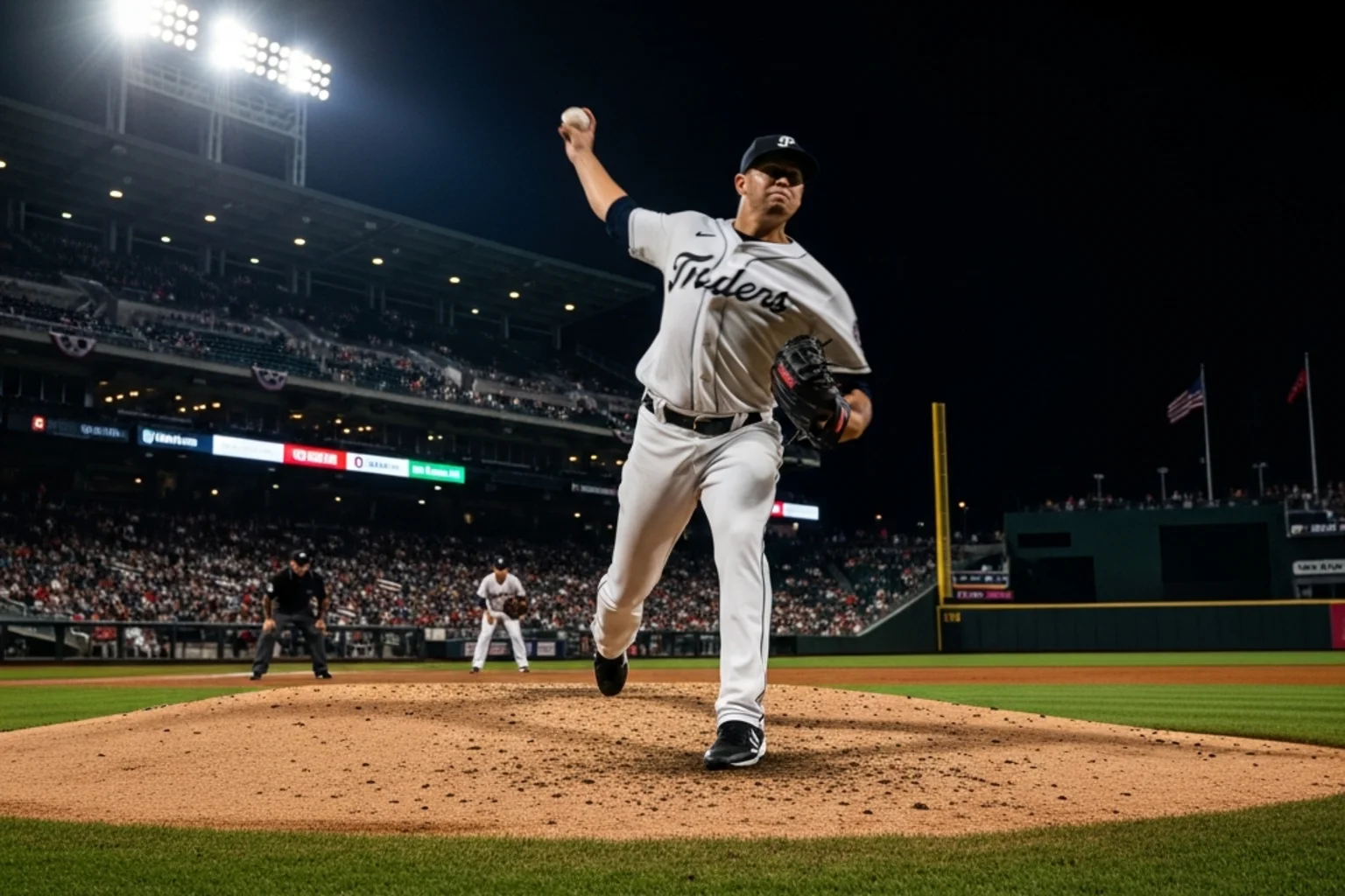 MLB betting strategy - baseball pitcher mid-delivery on the mound during a night game