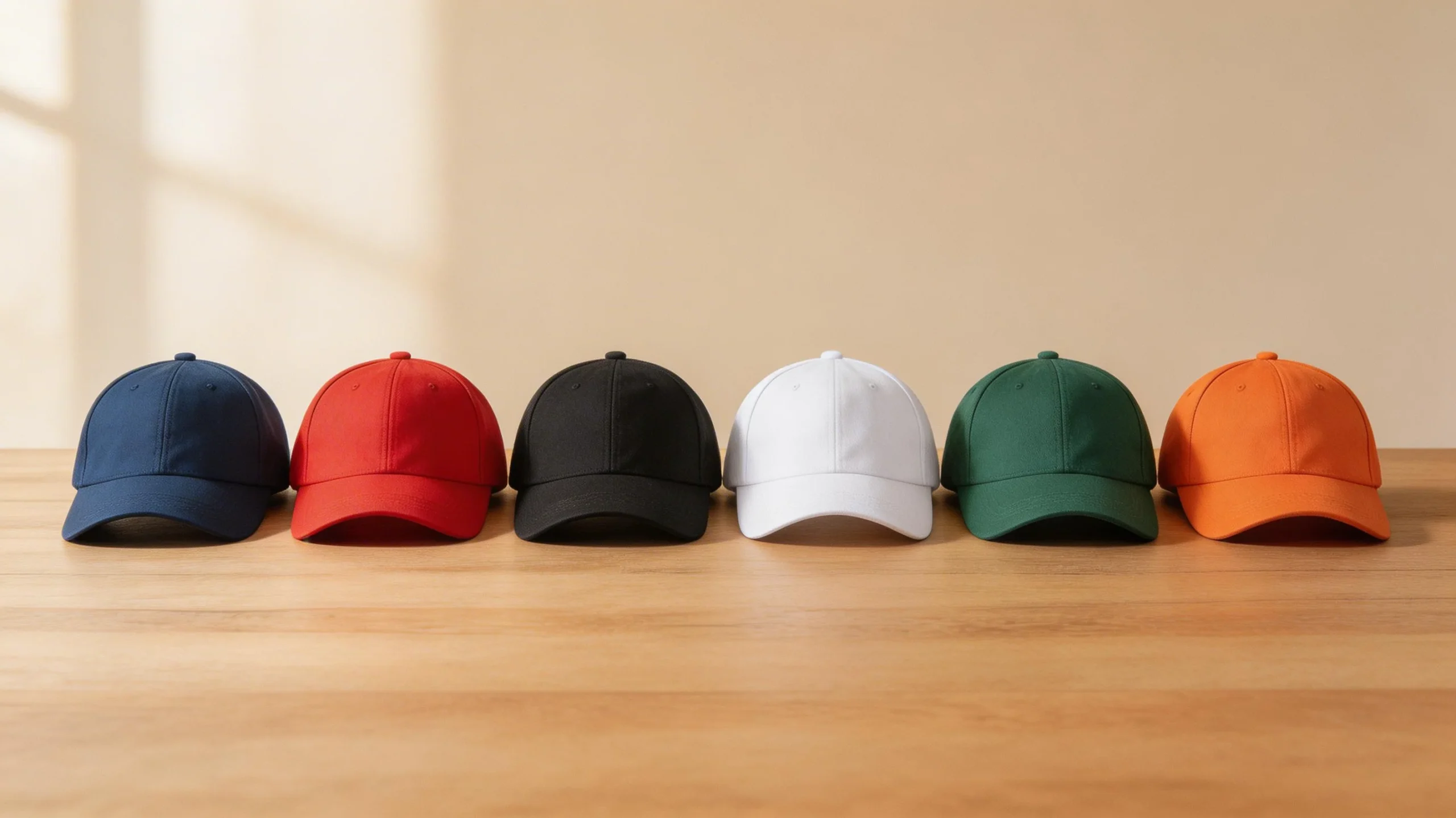 Six baseball caps in different colours arranged together representing MLB
