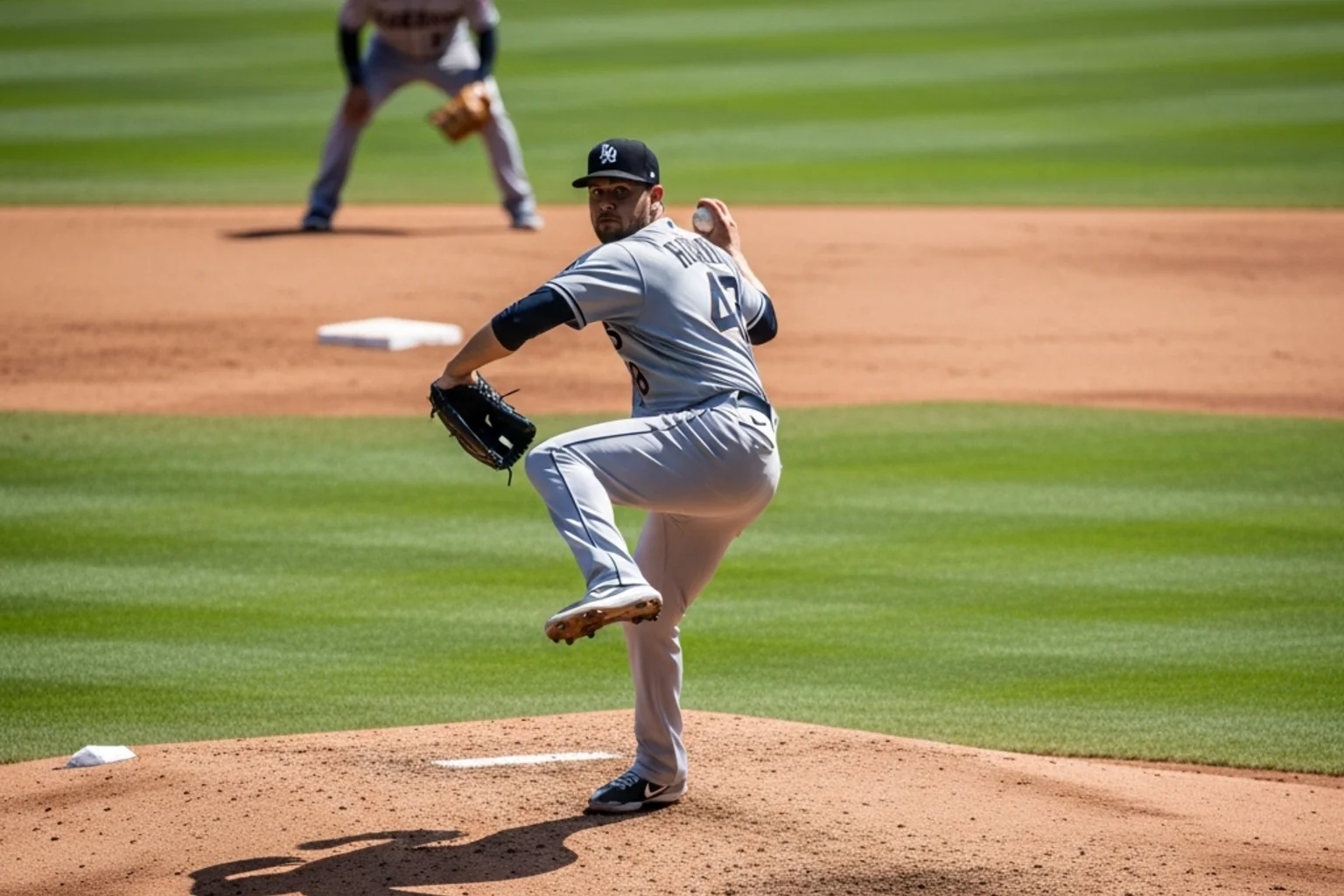 Baseball starting pitcher winding up for a pitch during the early innings of an MLB game