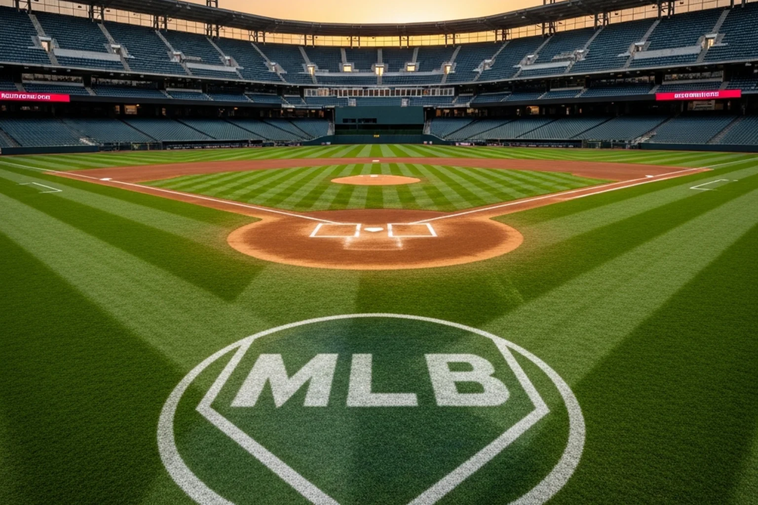 Baseball stadium panorama at sunset before the start of an MLB season game