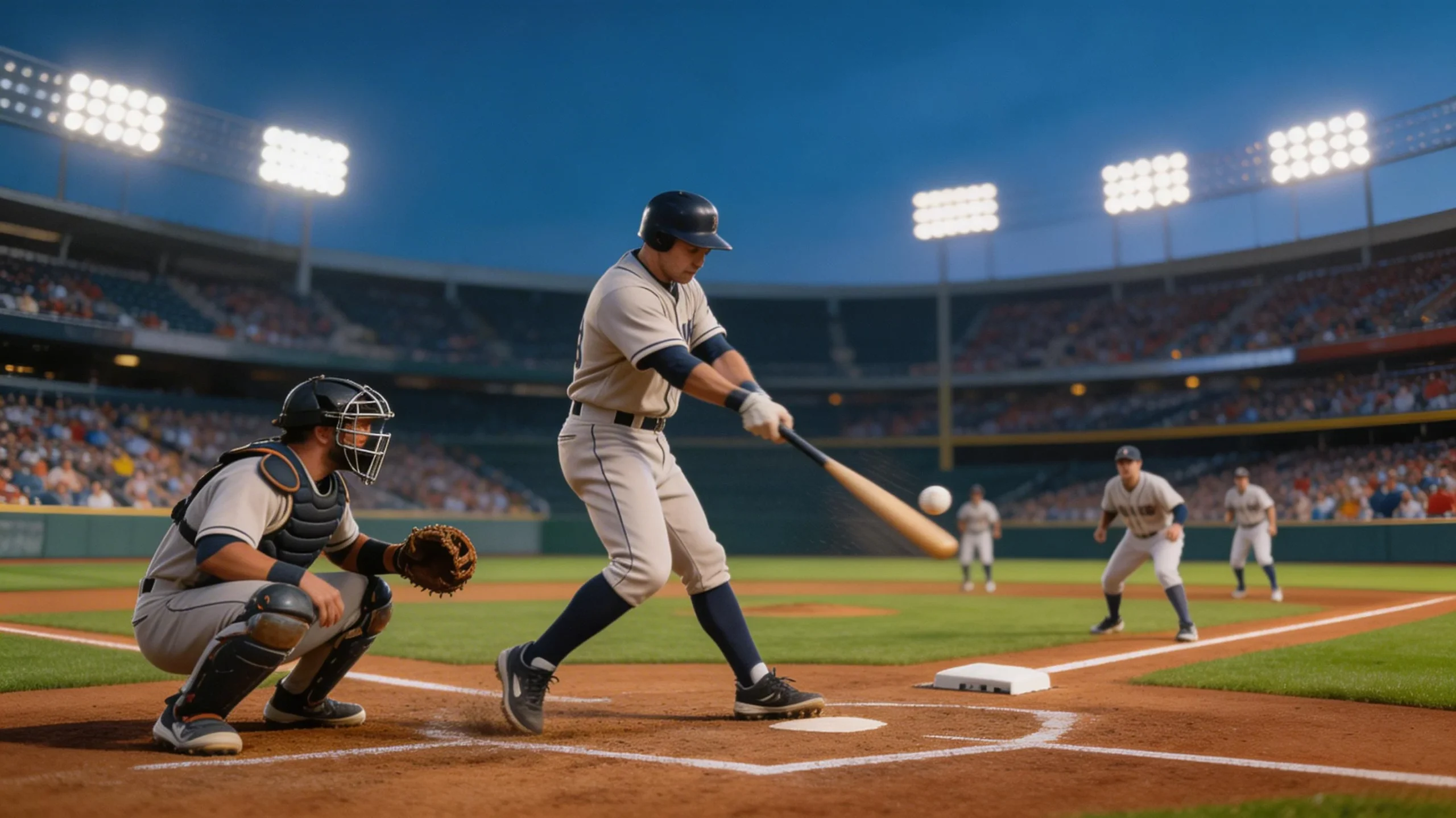 Baseball batter connecting with a pitch at a professional stadium with loaded bases visible