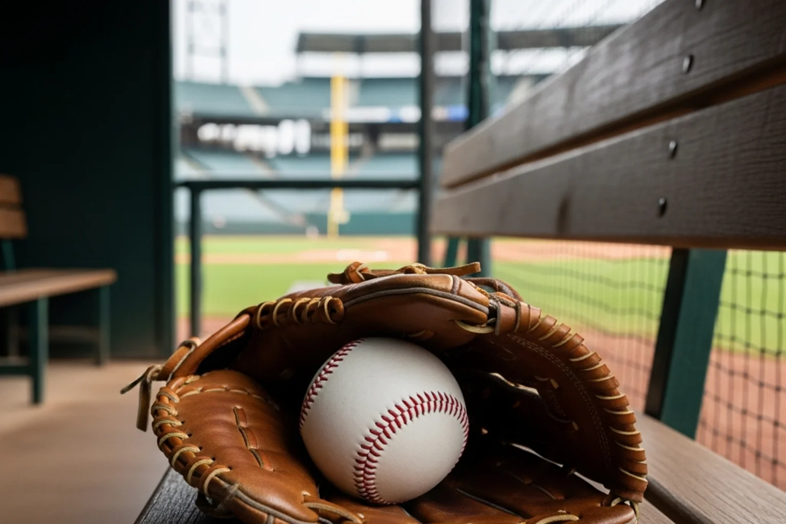 Baseball equipment including a glove and ball on a dugout bench at an international venue