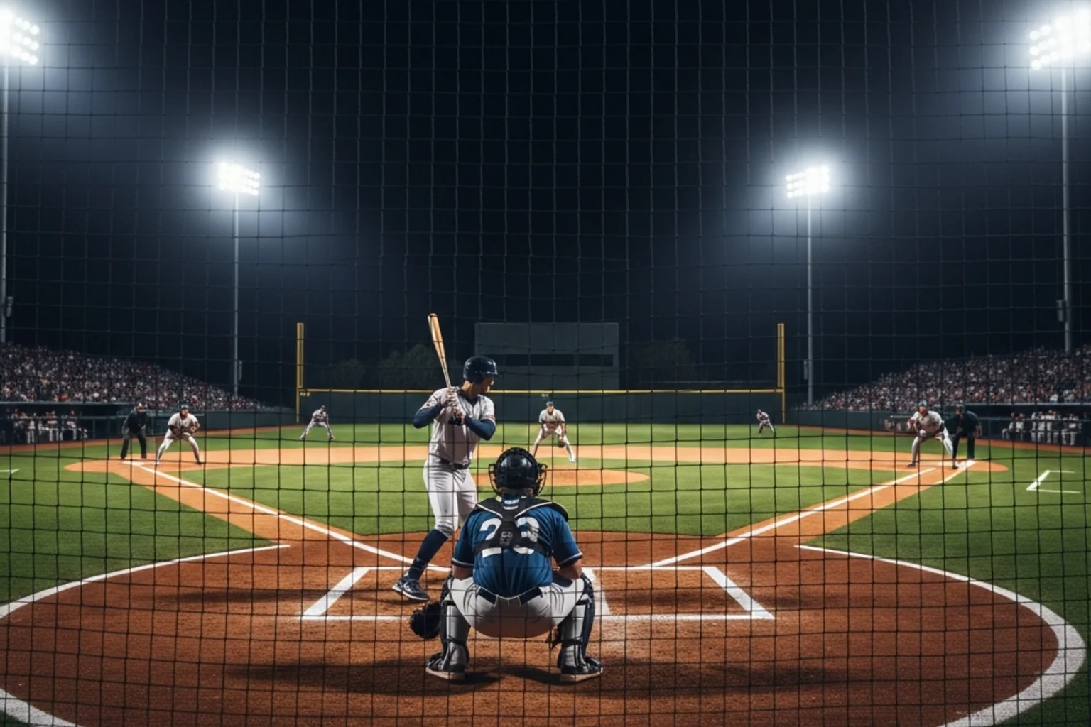 MLB live betting UK - night baseball game in progress viewed from behind home plate