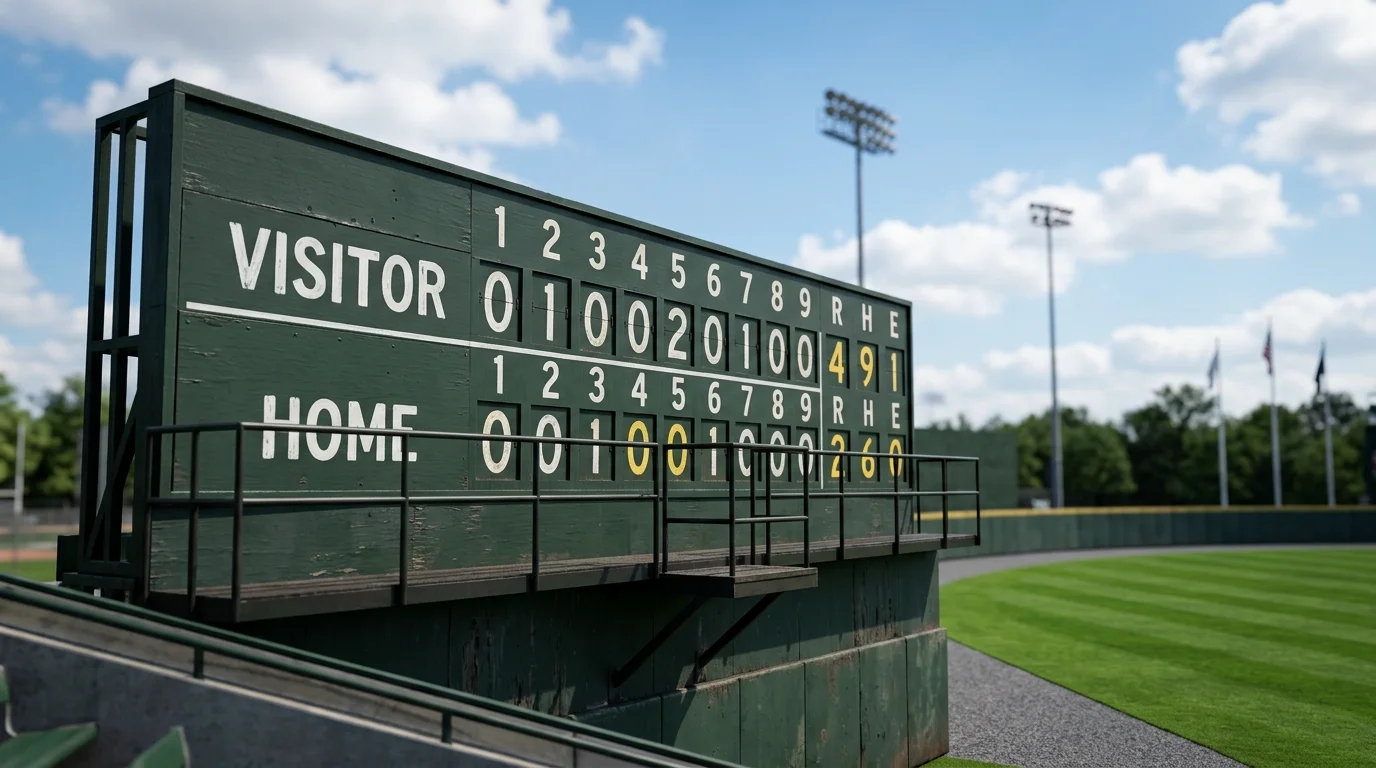 Baseball scoreboard showing run totals during an MLB game at an outdoor stadium