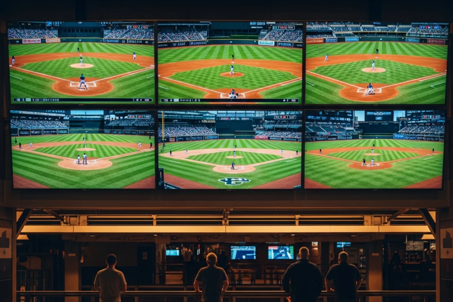 Multiple baseball games visible on stadium screens representing multi-game parlay betting