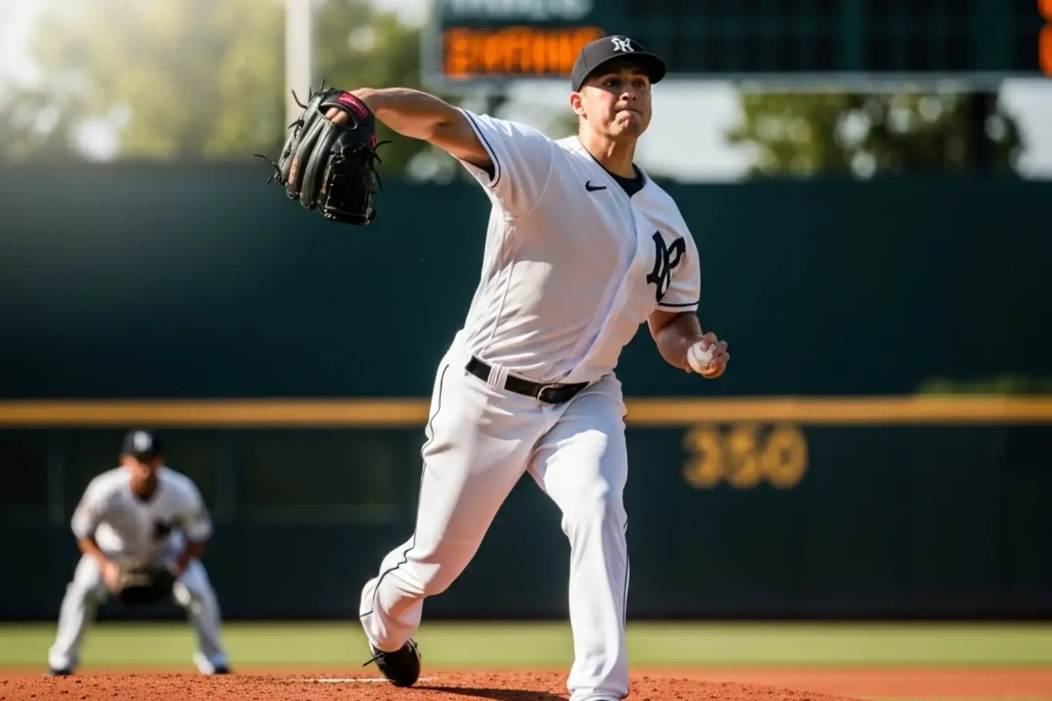 Close-up of a baseball pitcher in mid-delivery with ERA and WHIP statistics overlaid on a scoreboard behind him