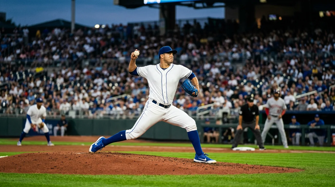 Baseball pitcher delivering a pitch during an MLB game with a stadium crowd in the background