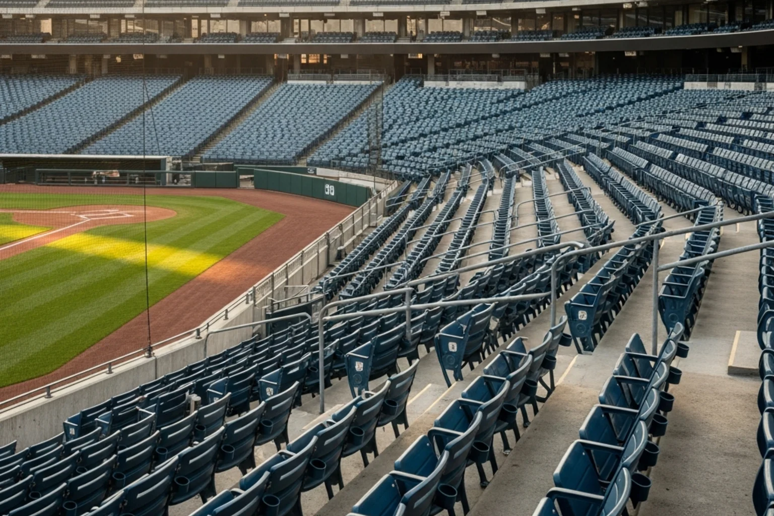 Empty baseball stadium seats in the morning light representing a calm and measured approach to MLB betting