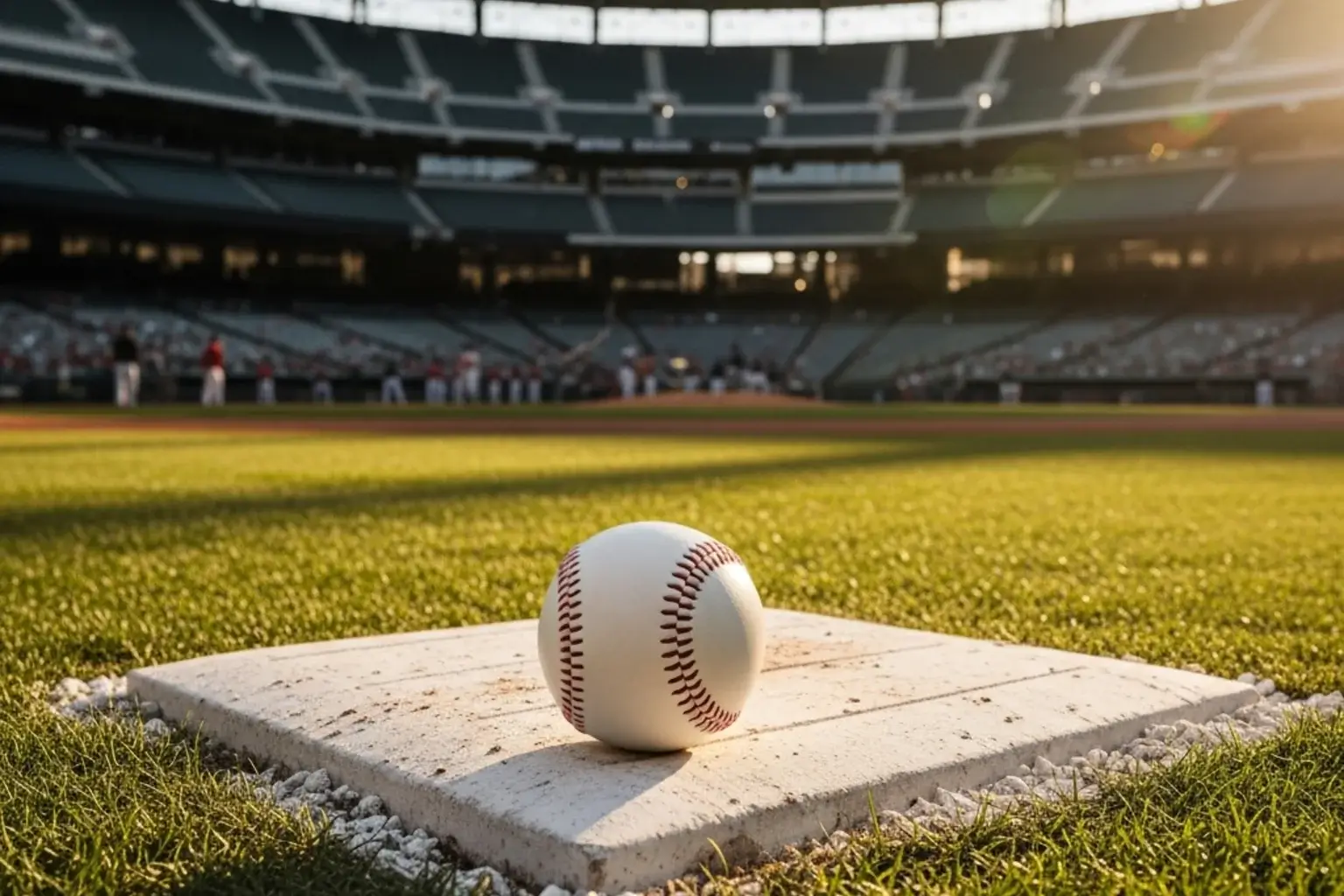 MLB baseball on a pitcher mound at a sunlit stadium with British and American flags visible in the crowd