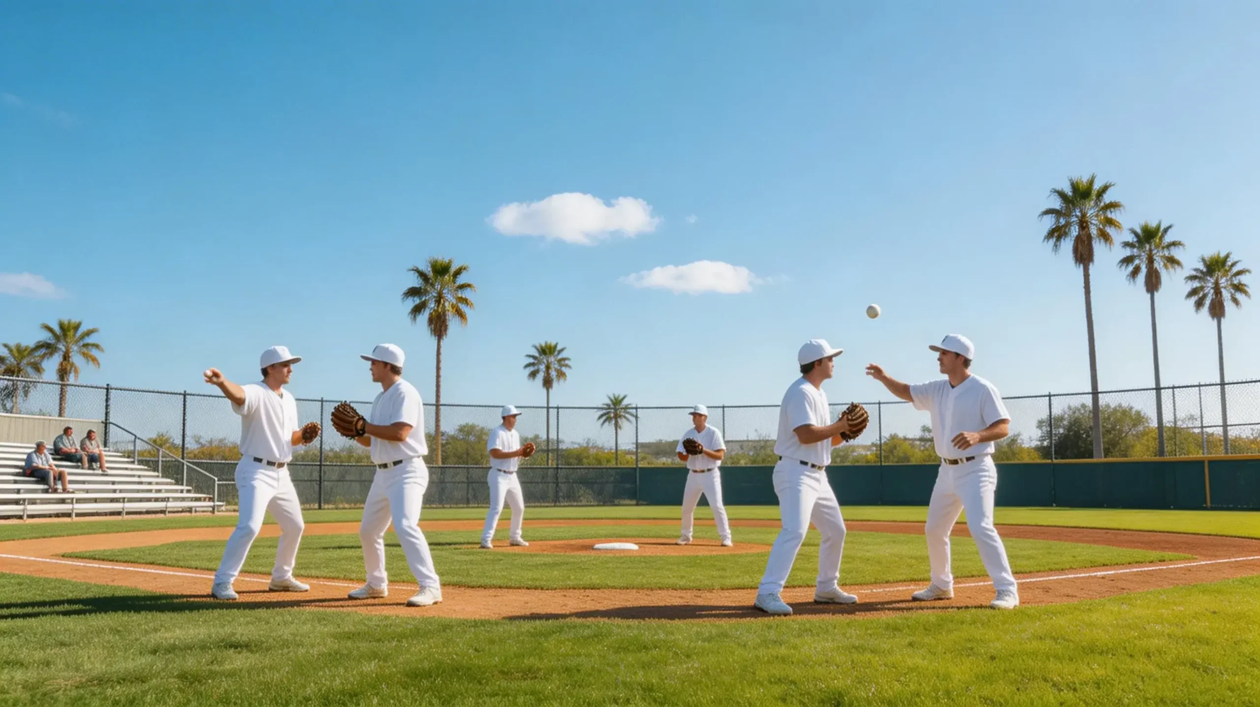 Baseball players warming up on a practice field during MLB Spring Training in sunny conditions