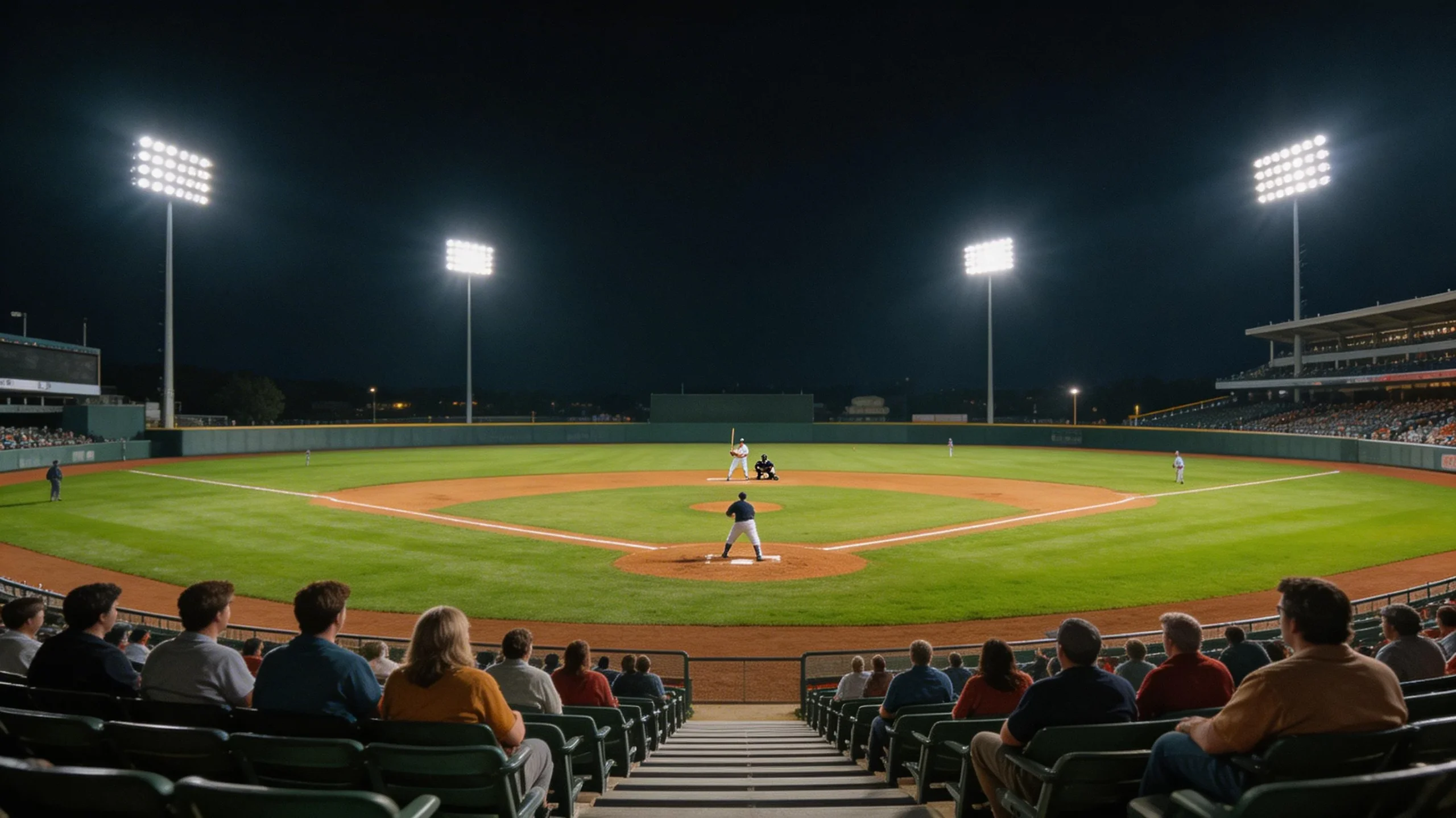 Night-time baseball game under bright stadium lights viewed from the outfield seats