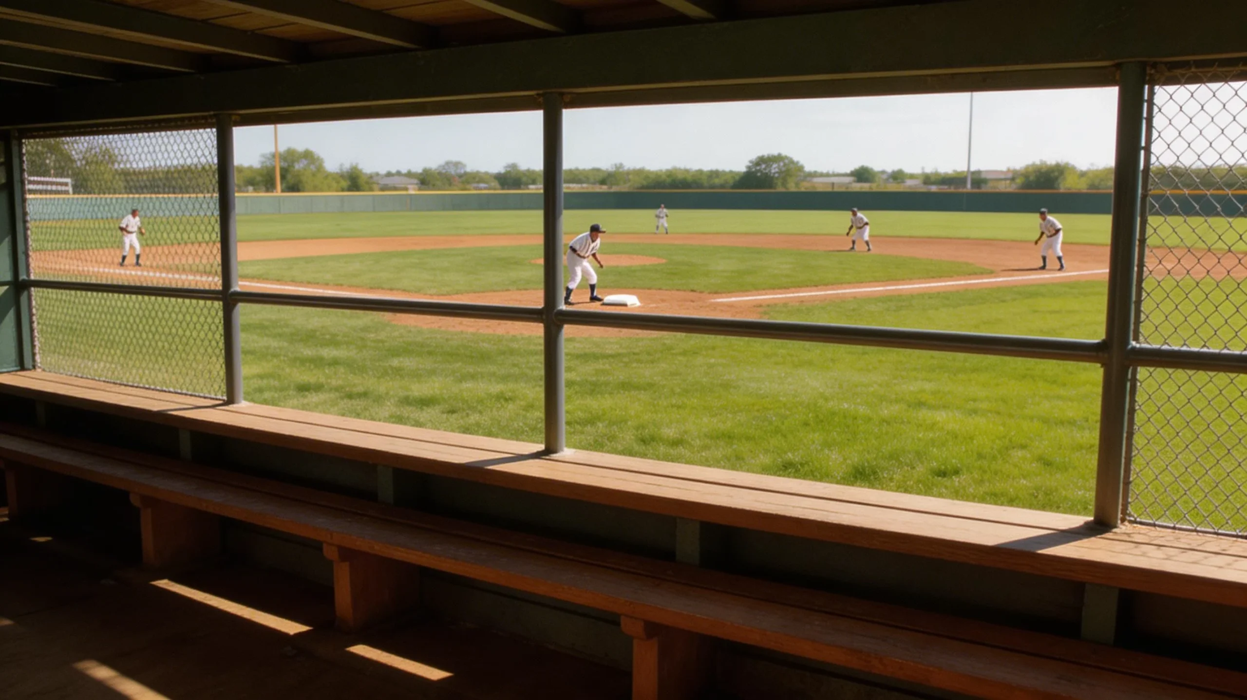 Baseball dugout view looking out at the playing field during a professional game