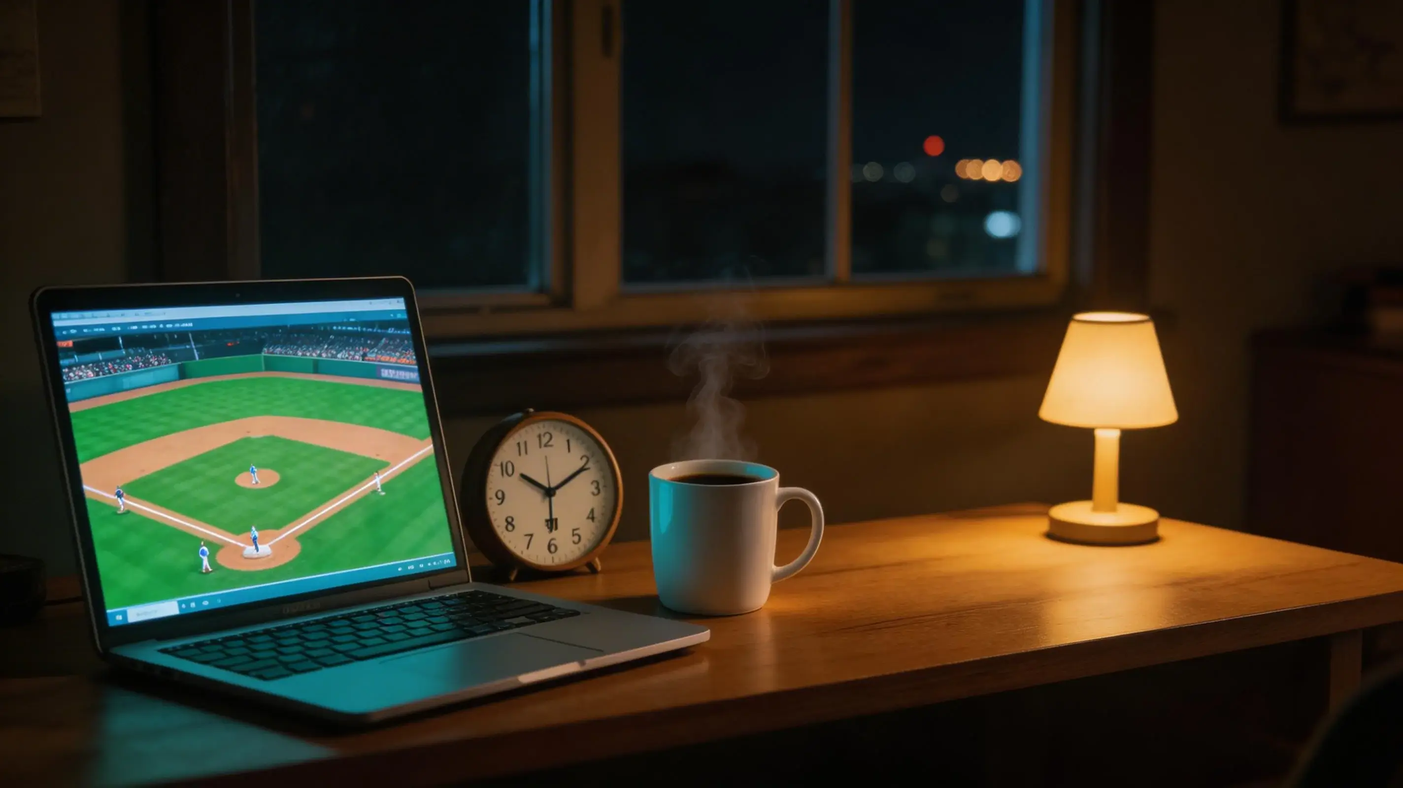 A dimly lit desk with a laptop showing a live MLB game score at night with a cup of coffee beside it