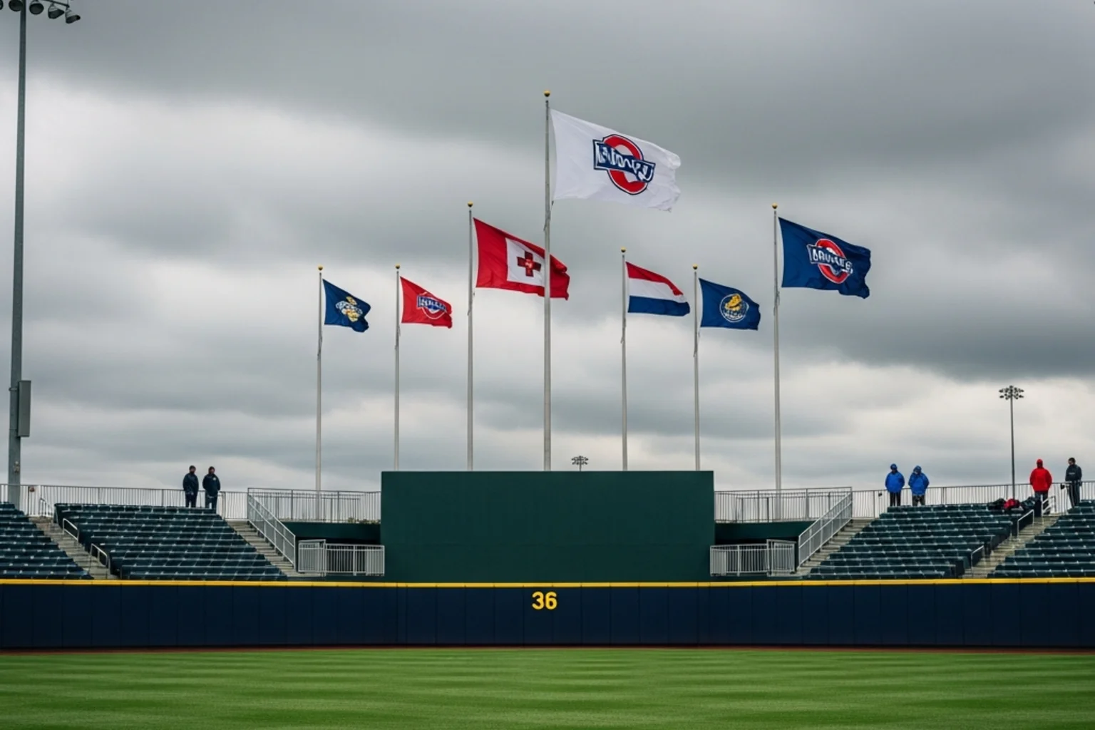Baseball outfield with flags blowing in the wind at an open-air professional stadium