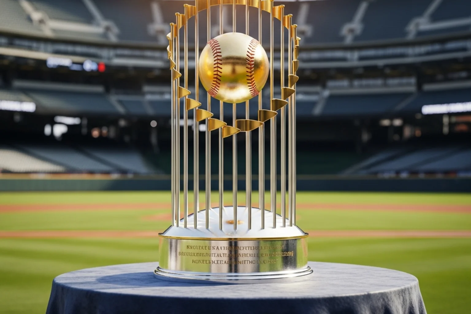 Baseball championship trophy on display at a professional stadium before a postseason game