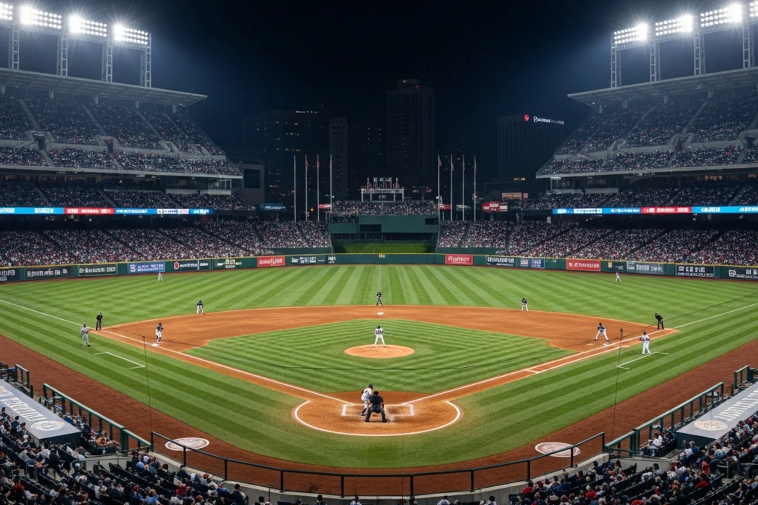 Night baseball game at a large professional stadium with the distinctive short right-field porch visible