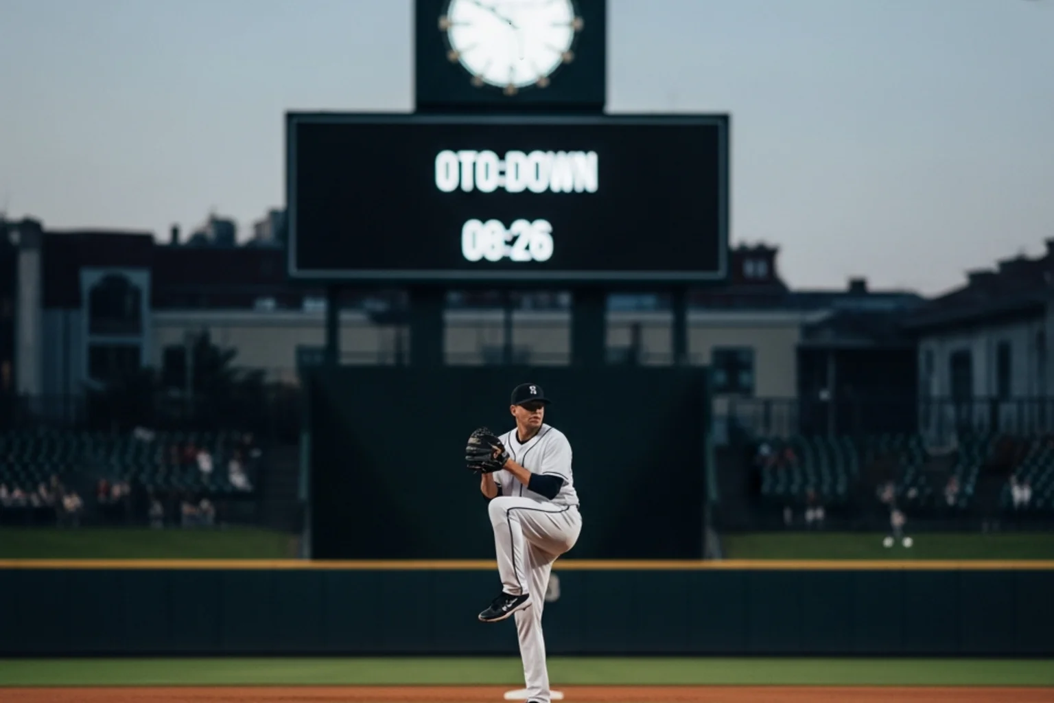 Baseball pitcher preparing to deliver with the pitch clock timer visible in the stadium background